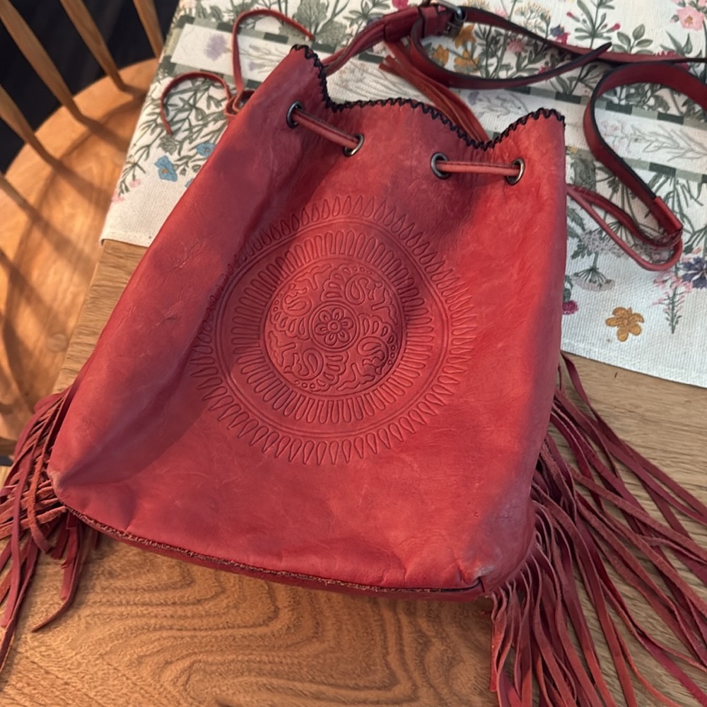 Patricia Nash Red Leather Fringe Shoulder Bag